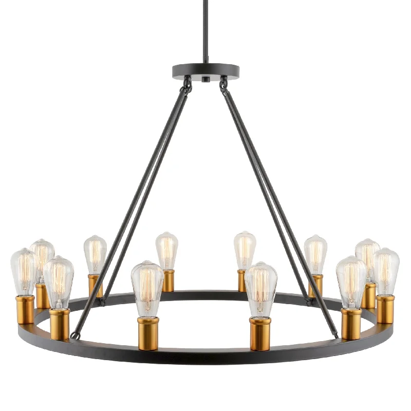 Industrial Wall - Mounted Lighting for Workshop WallsKira Home Jericho 36" 12-Light Large Rustic Farmhouse Wagon Wheel Chandelier, Round Kitchen Island Light, Warm Brass Accents + Black Finish Industrial Wall - Mounted Lighting for Workshop WallsKira Home Jericho 36" 12-Light Large Rustic Farmhouse Wagon Wheel Chandelier, Round Kitchen Island Light, Warm Brass Accents + Black Finish