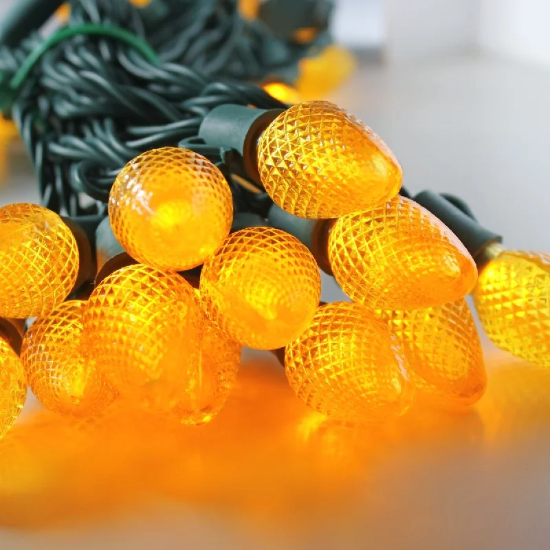 String Lights with Multicolored Bulbs for Festive Occasions25-light C7 Yellow LED Christmas Lights, 8" Spacing Green Wire