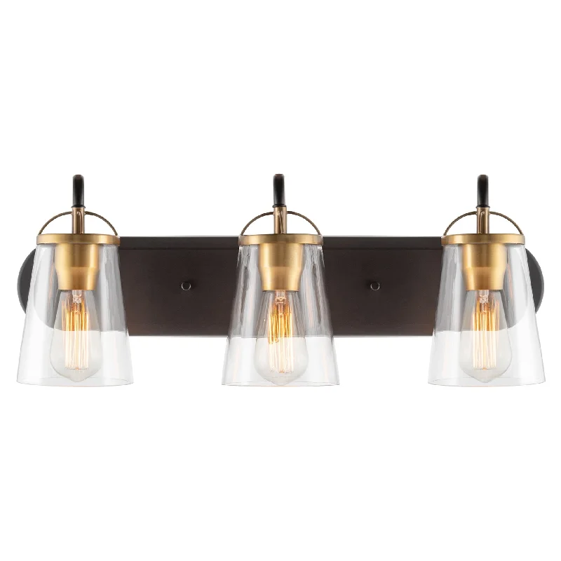 Industrial Ceiling - Mounted Lighting for Assembly PlantsKira Home Voltaire 24" Modern Farmhouse 3-Light Vanity/Bathroom Light, Clear Glass Shades, Gold/Warm Brass Accents + Black Finish Industrial Ceiling - Mounted Lighting for Assembly PlantsKira Home Voltaire 24" Modern Farmhouse 3-Light Vanity/Bathroom Light, Clear Glass Shades, Gold/Warm Brass Accents + Black Finish