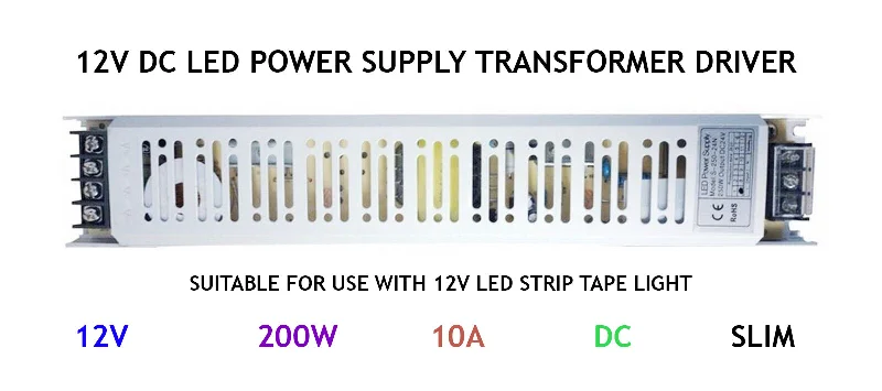 DC 12V LED Driver Power Supply 16A 200W Strip Tape Adapter Transformer Unit