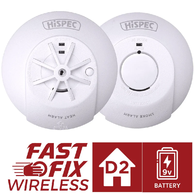 Hispec Wireless Radio Frequency Linkable Mains Smoke, Heat Detector Alarm 9v Backup Battery