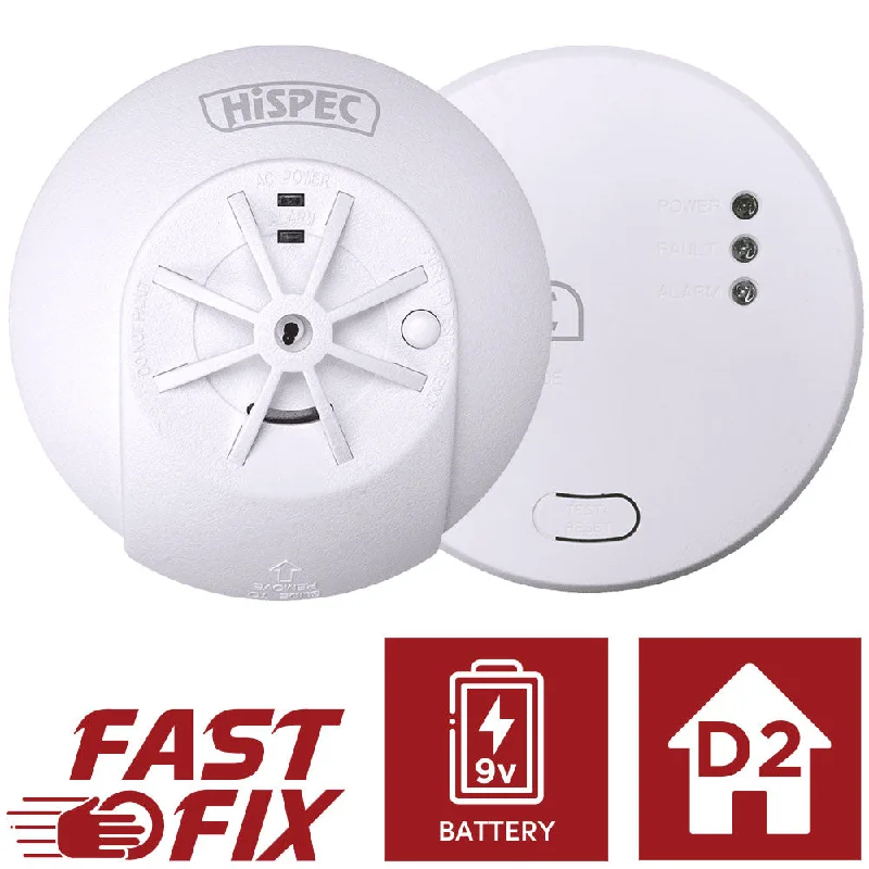 Hispec Interconnectable Fast Fix Mains Smoke, Heat & CO Detector Alarm 9v Battery Backup Hispec Interconnectable Fast Fix Mains Smoke, Heat & CO Detector Alarm 9v Battery Backup