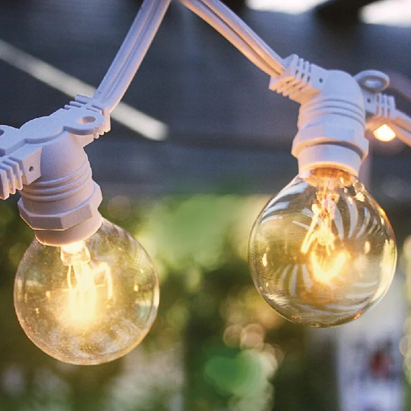 String Lights for Porch LightingCLOSEOUT 50 Socket Weatherproof Outdoor Commercial String Light Set, Clear Globe Bulbs, 54 FT White Cord w/ E12 C7 Base, Weatherproof