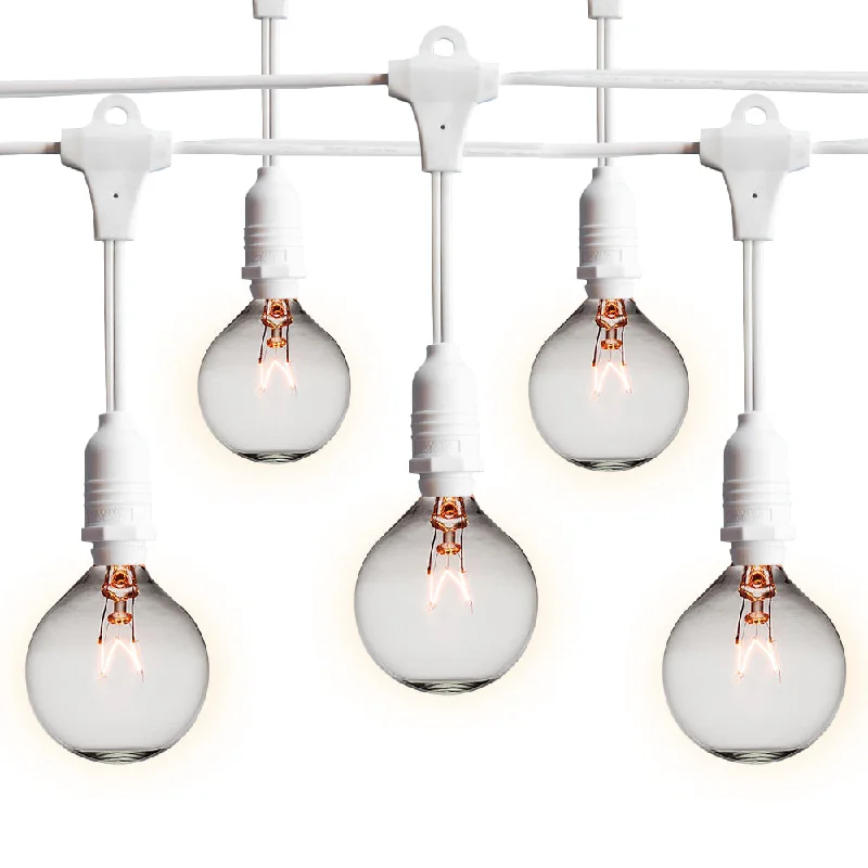 String Lights with Edison Bulbs for Rustic AmbianceCLOSEOUT 50 Socket Suspended Outdoor Commercial String Light Set, Clear Globe Bulbs, 54 FT White Cord w/ E12 C7 Base, Weatherproof String Lights with Edison Bulbs for Rustic AmbianceCLOSEOUT 50 Socket Suspended Outdoor Commercial String Light Set, Clear Globe Bulbs, 54 FT White Cord w/ E12 C7 Base, Weatherproof