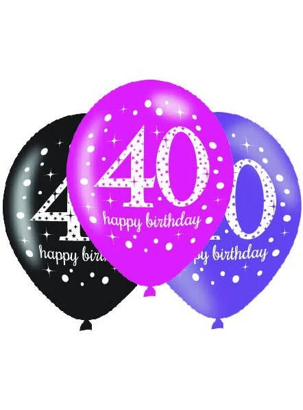 40th Birthday Pink and Black 6 Pack 30cm Latex Balloons