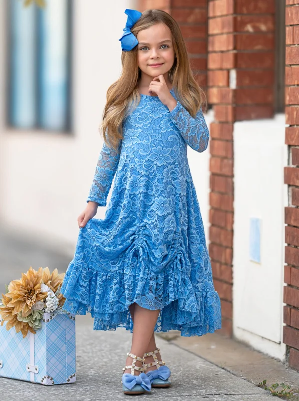 Blue Hi-Lo Drawstring Lace Ruffle Dress