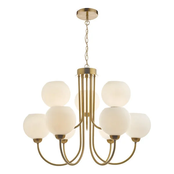 Chandeliers with Clear Crystal for a Sparkling EffectDar Indra 9 Light Chandelier Natural Brass With Opal Glass Chandeliers with Clear Crystal for a Sparkling EffectDar Indra 9 Light Chandelier Natural Brass With Opal Glass