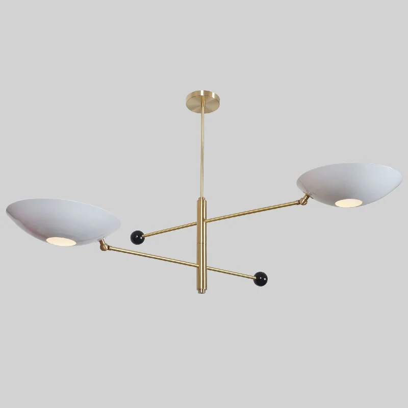 Victorian - Inspired Chandeliers with Ornate DetailsTwo Curved Disk Shade Brass Pendant Light Victorian - Inspired Chandeliers with Ornate DetailsTwo Curved Disk Shade Brass Pendant Light