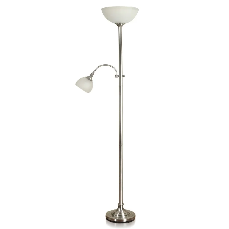 USB Charging Port Floor Lamp for Convenient Device ChargingStyleCraft Ruby Brushed Steel Torchiere Floor Lamp with Frosted White Glass Shade