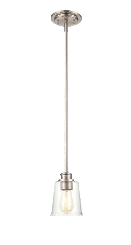 African - Inspired Ceiling Lights with Tribal Patterns and Natural MaterialsForsyth Mini-Pendant - Brushed Nickel - Clear Glass - 5in. Diameter - E26 Medium Base African - Inspired Ceiling Lights with Tribal Patterns and Natural MaterialsForsyth Mini-Pendant - Brushed Nickel - Clear Glass - 5in. Diameter - E26 Medium Base