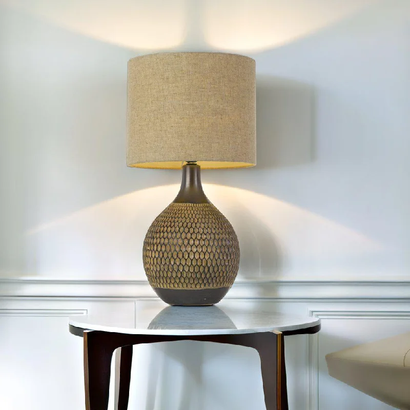 wooden table lamps with natural grain for a warm and organic feelBronze Table Lamp with Textured Base and Bronze Linen Shade