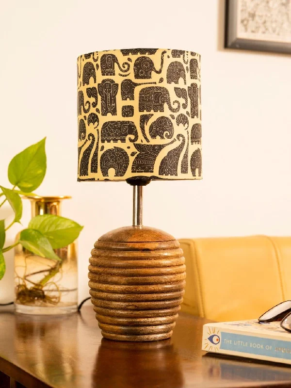 wooden table lamps with natural grain for a warm and organic feelStripped Brown Lamp with Black Elephant multicolor shade wooden table lamps with natural grain for a warm and organic feelStripped Brown Lamp with Black Elephant multicolor shade